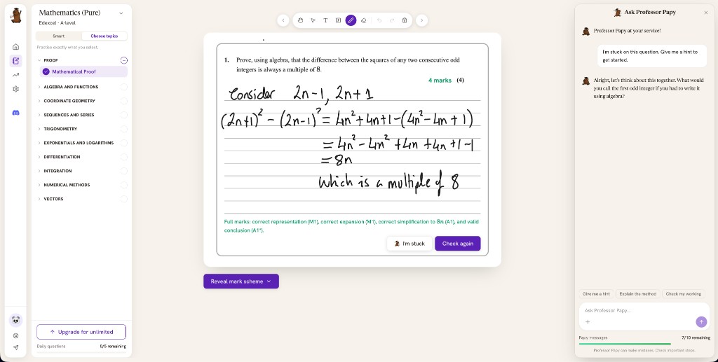 Papyra practice workspace with instant marking and Professor Papy tutor